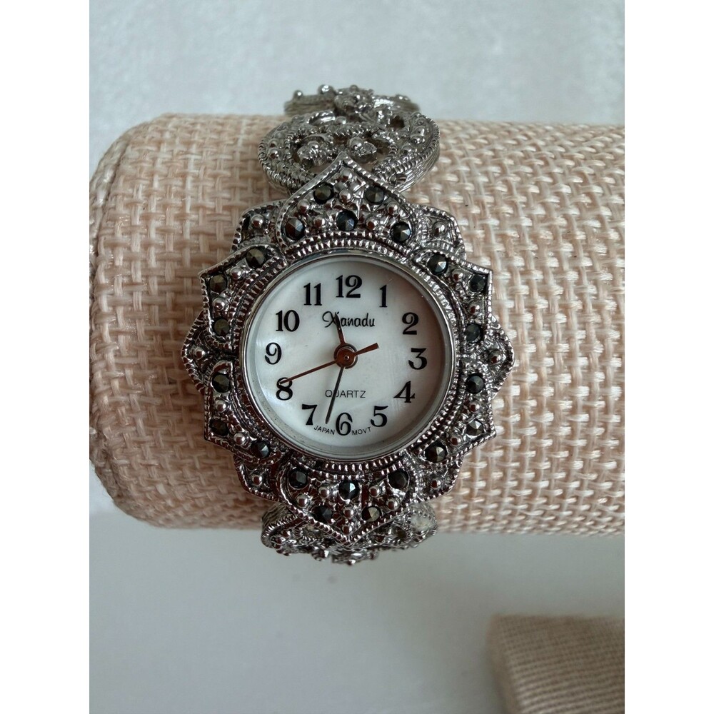 Vintage 1990s Xanadu Marcasite Style Quartz Bracelet Watch Silver Tone Vintage